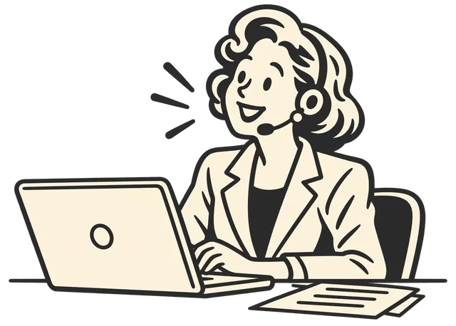 ヘッドセットをつけて、パソコンに向かう女性のイラスト
